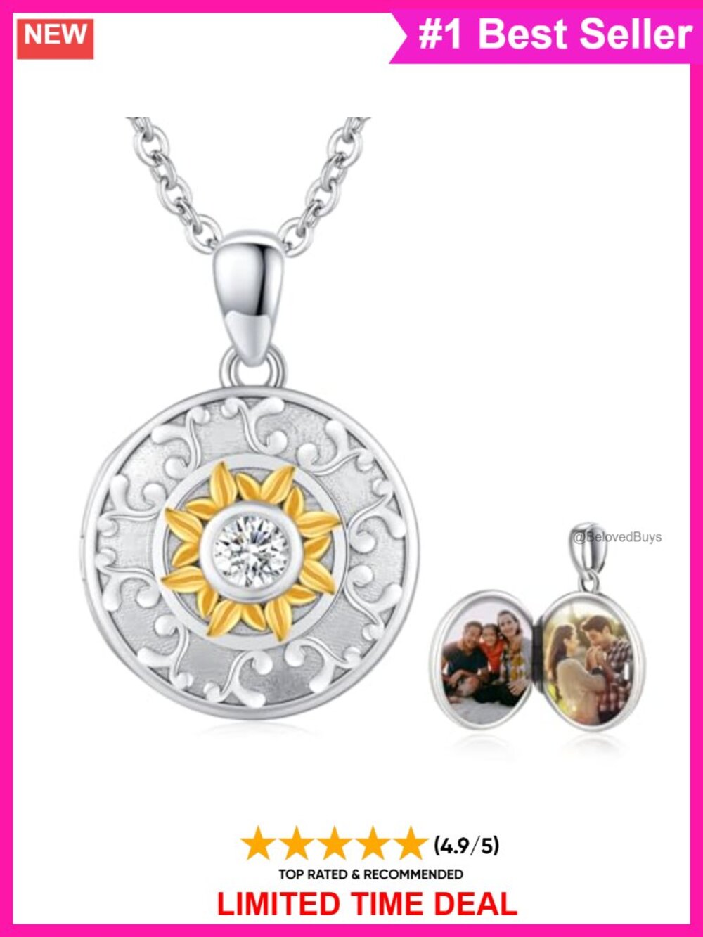 925 Sterling Silver Sunflower Locket Necklace Photo Pendant for Mom